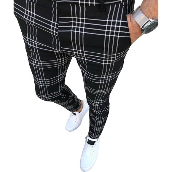 🆕 Men Green Fashion Stretch Dress Slim Fit Plaid Business Suit Pant Casual Golf - Picture 2 of 3